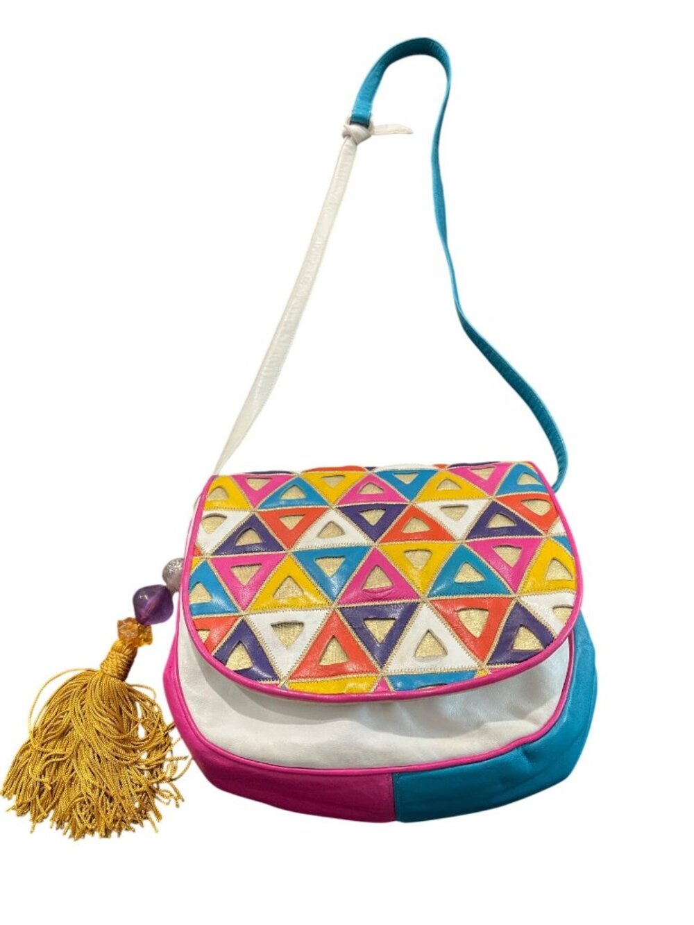 Sharif Colorful Leather Crossbody Bag 80s 90s Geometric Tassel Vintage USA